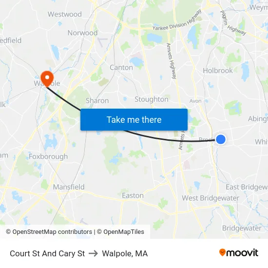 Court St And Cary St to Walpole, MA map