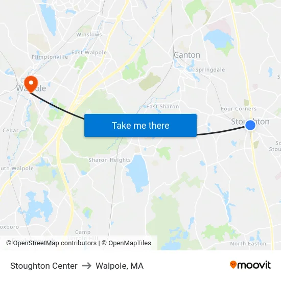 Stoughton Center to Walpole, MA map