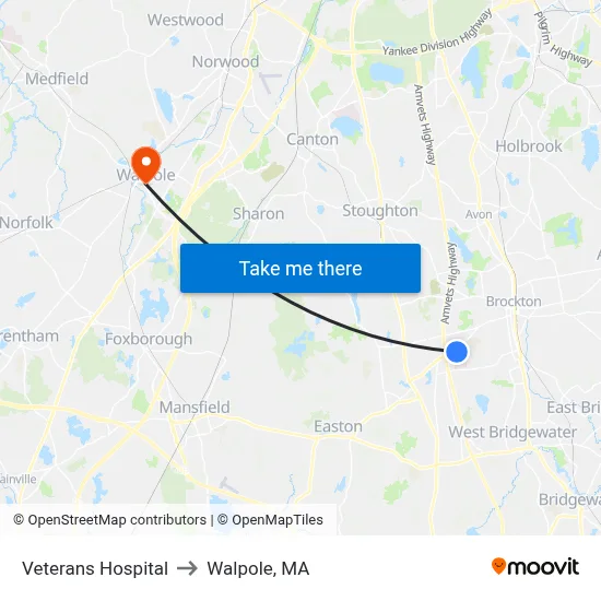 Veterans Hospital to Walpole, MA map