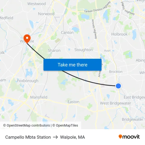 Campello Mbta Station to Walpole, MA map