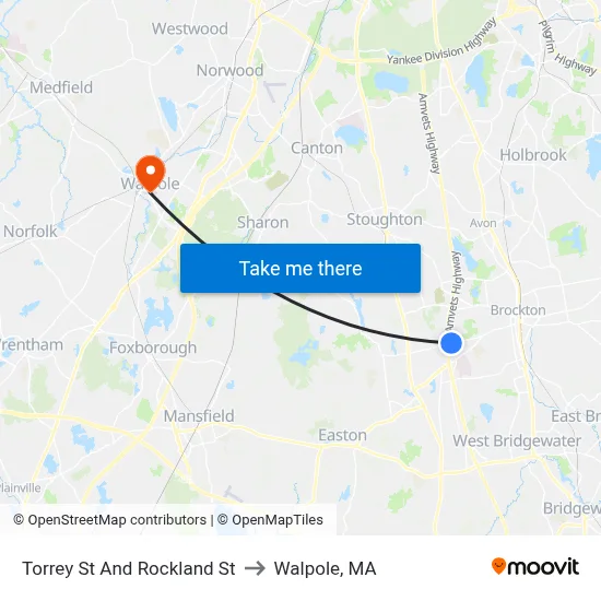 Torrey St And Rockland St to Walpole, MA map