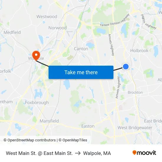 West Main St. @ East Main St. to Walpole, MA map