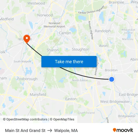 Main St And Grand St to Walpole, MA map