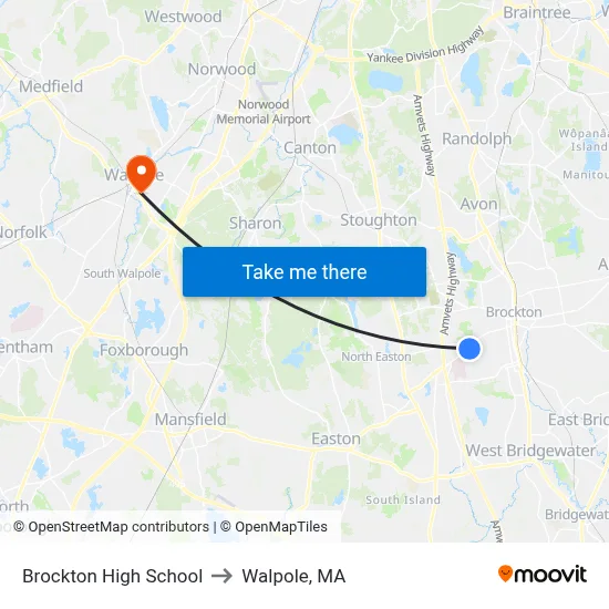 Brockton High School to Walpole, MA map