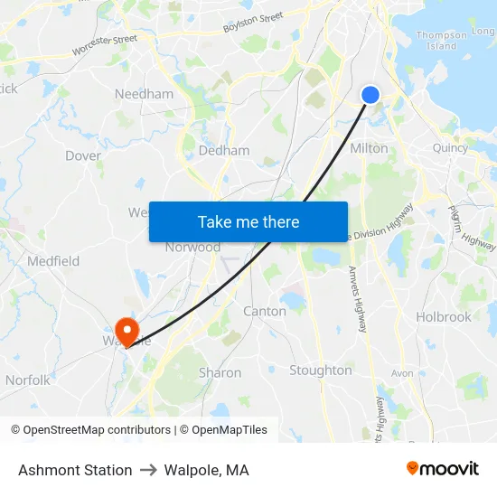 Ashmont Station to Walpole, MA map