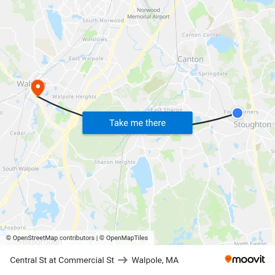 Central St at Commercial St to Walpole, MA map