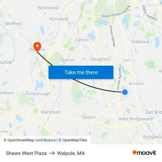 Shaws West Plaza to Walpole, MA map