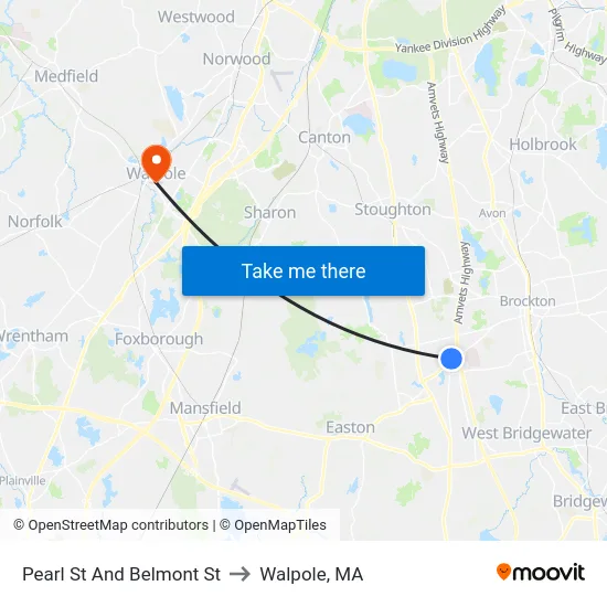 Pearl St And Belmont St to Walpole, MA map