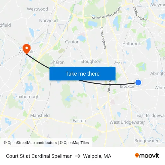 Court St at Cardinal Spellman to Walpole, MA map