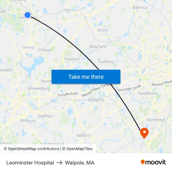 Leominster Hospital to Walpole, MA map