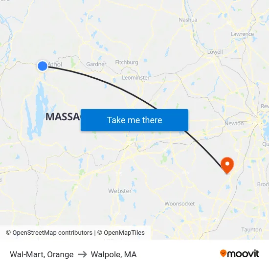 Wal-Mart, Orange to Walpole, MA map