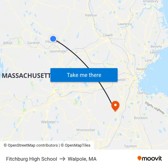 Fitchburg High School to Walpole, MA map