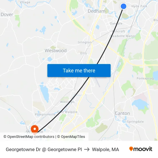 Georgetowne Dr @ Georgetowne Pl to Walpole, MA map
