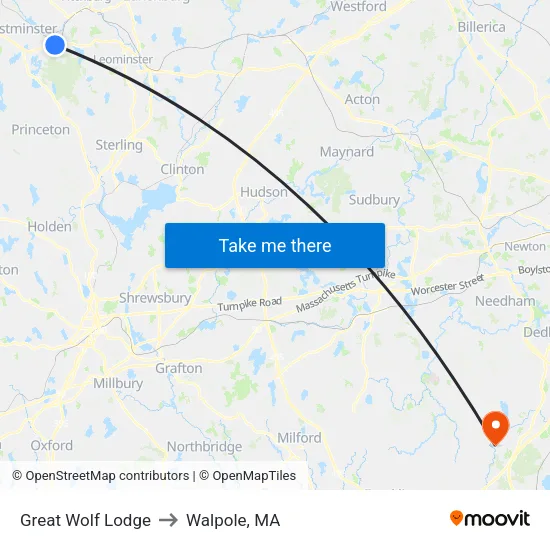 Great Wolf Lodge to Walpole, MA map