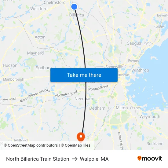North Billerica Train Station to Walpole, MA map