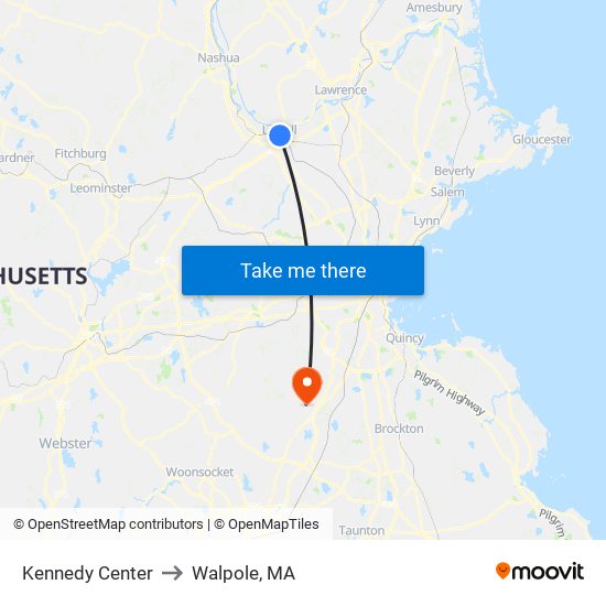 Kennedy Center to Walpole, MA map