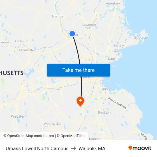 Umass Lowell North Campus to Walpole, MA map