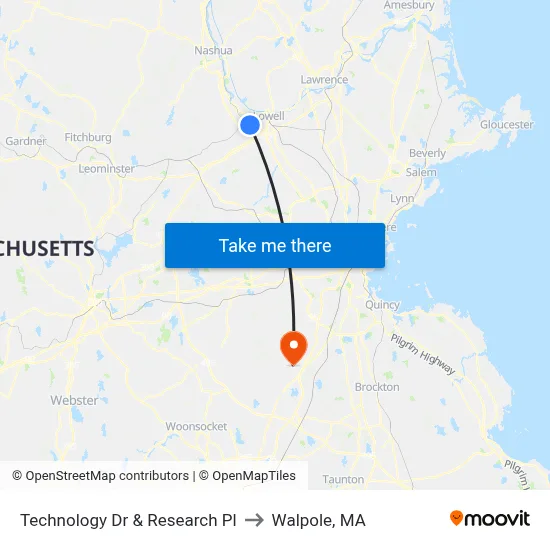 Technology Dr & Research Pl to Walpole, MA map