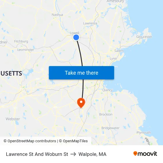 Lawrence St And Woburn St to Walpole, MA map