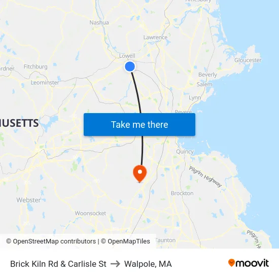 Brick Kiln Rd & Carlisle St to Walpole, MA map