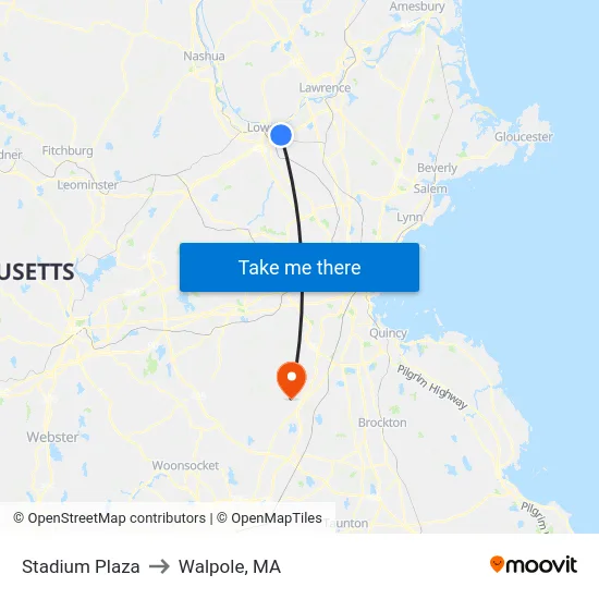 Stadium Plaza to Walpole, MA map