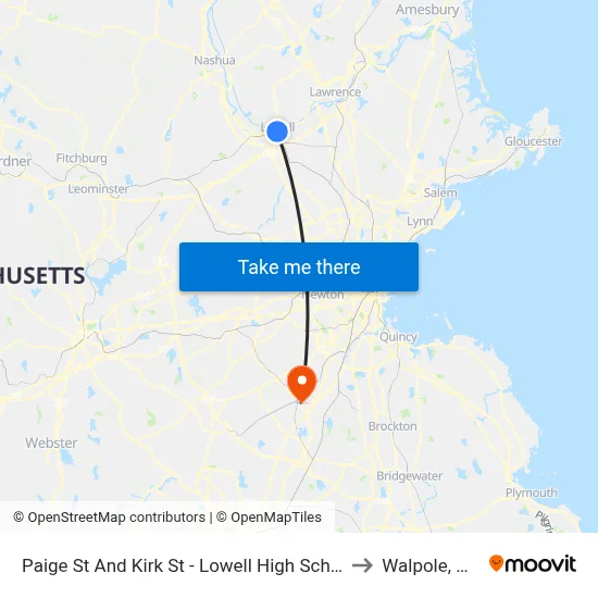 Paige St And Kirk St - Lowell High School to Walpole, MA map