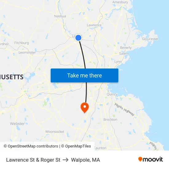 Lawrence St & Roger St to Walpole, MA map