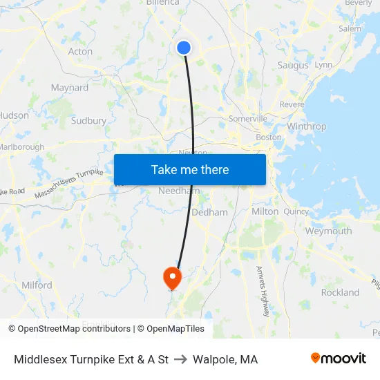 Middlesex Turnpike Ext & A St to Walpole, MA map