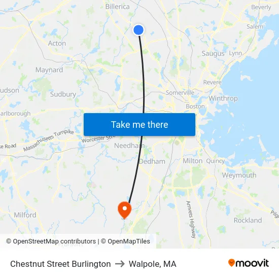 Chestnut Street Burlington to Walpole, MA map