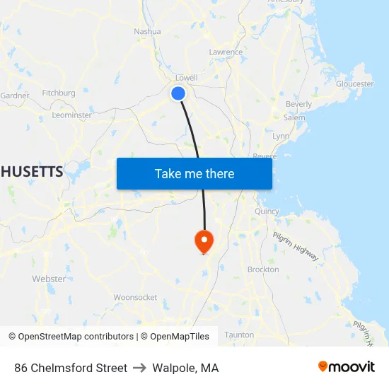 86 Chelmsford Street to Walpole, MA map