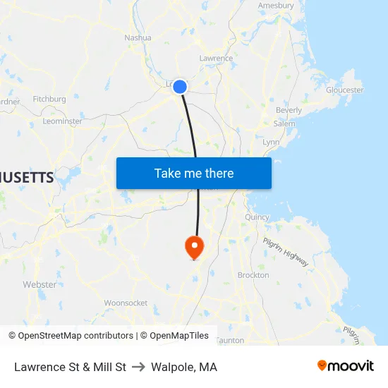 Lawrence St & Mill St to Walpole, MA map