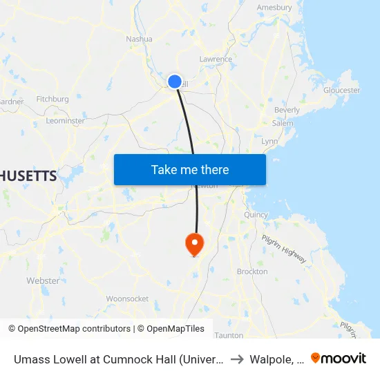 Umass Lowell at Cumnock Hall (University Ave) to Walpole, MA map