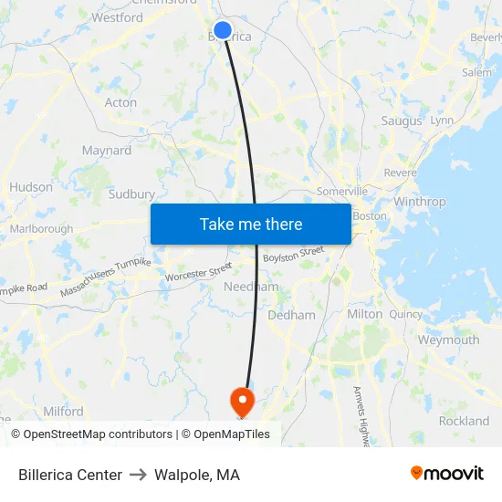 Billerica Center to Walpole, MA map