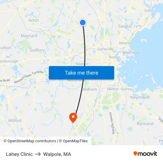 Lahey Clinic to Walpole, MA map