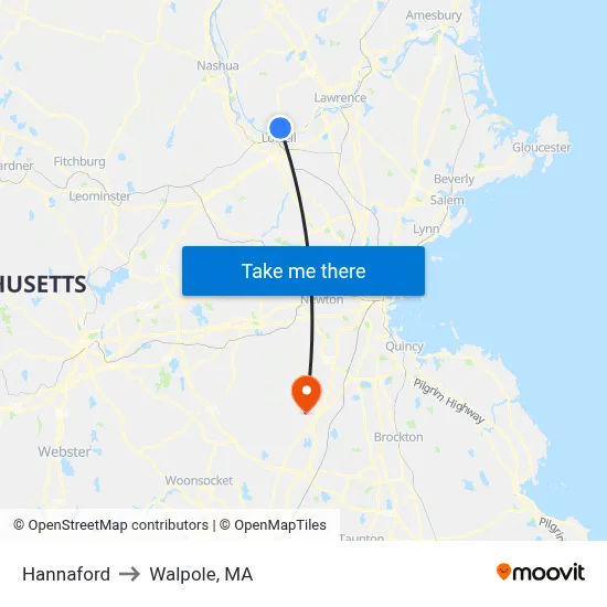 Hannaford to Walpole, MA map