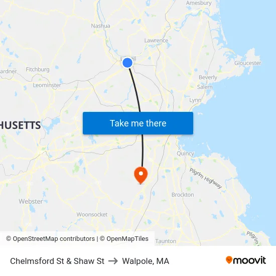 Chelmsford St & Shaw St to Walpole, MA map