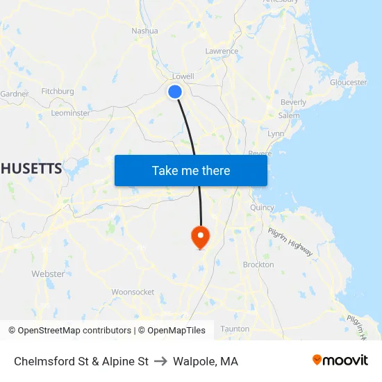 Chelmsford St & Alpine St to Walpole, MA map