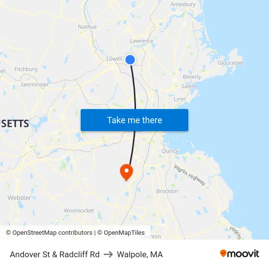 Andover St & Radcliff Rd to Walpole, MA map