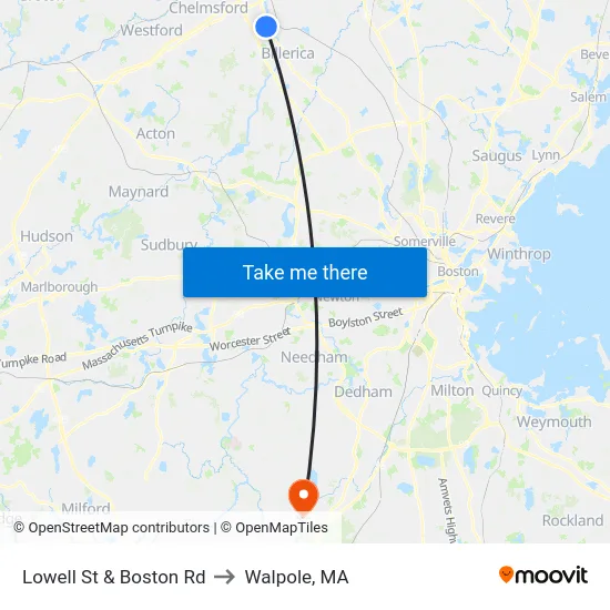 Lowell St & Boston Rd to Walpole, MA map