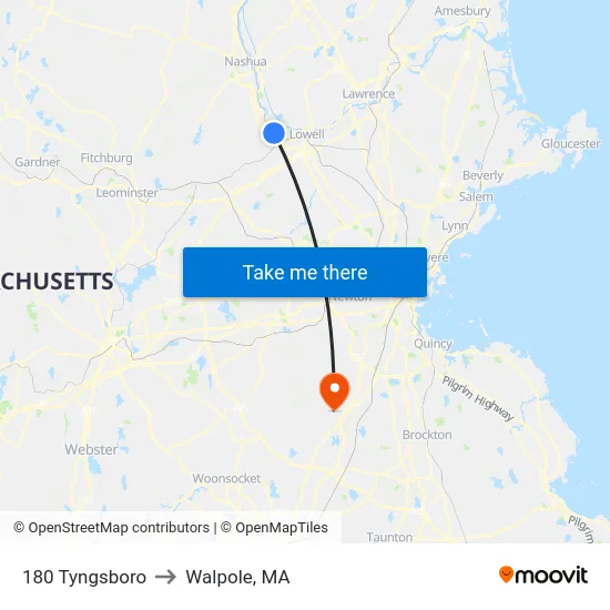 180 Tyngsboro to Walpole, MA map