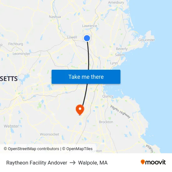 Raytheon Facility Andover to Walpole, MA map