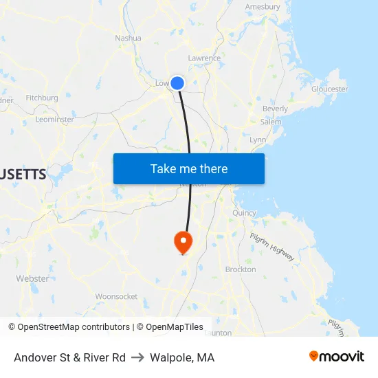 Andover St & River Rd to Walpole, MA map