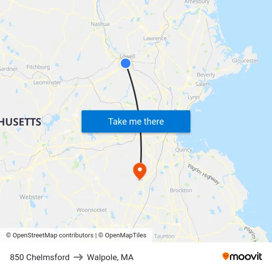850 Chelmsford to Walpole, MA map