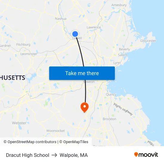 Dracut High School to Walpole, MA map