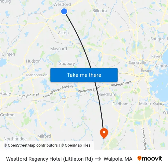 Westford Regency Hotel (Littleton Rd) to Walpole, MA map