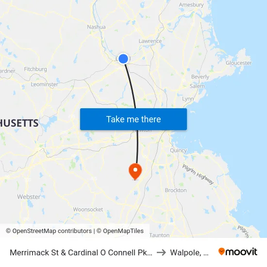 Merrimack St & Cardinal O Connell Pkwy to Walpole, MA map