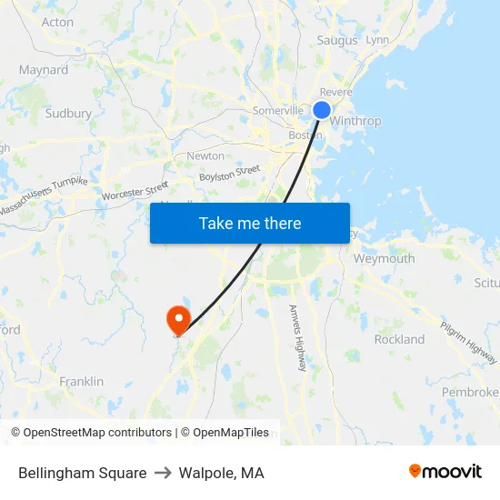 Bellingham Square to Walpole, MA map