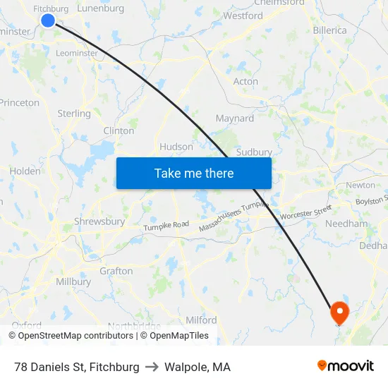 78 Daniels St, Fitchburg to Walpole, MA map