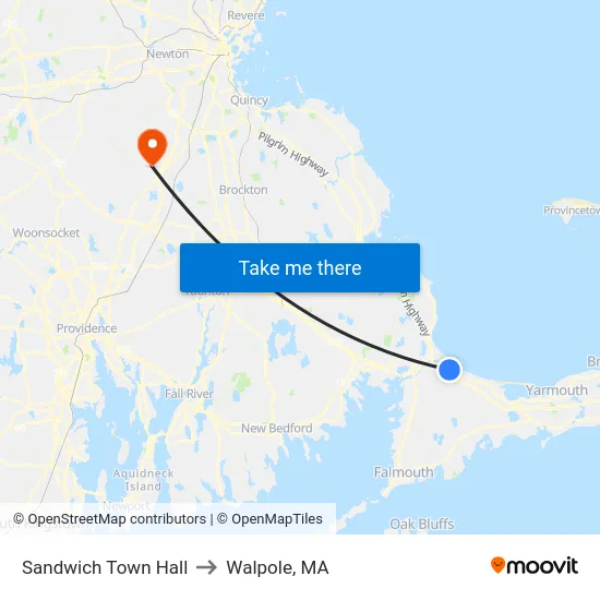 Sandwich Town Hall to Walpole, MA map