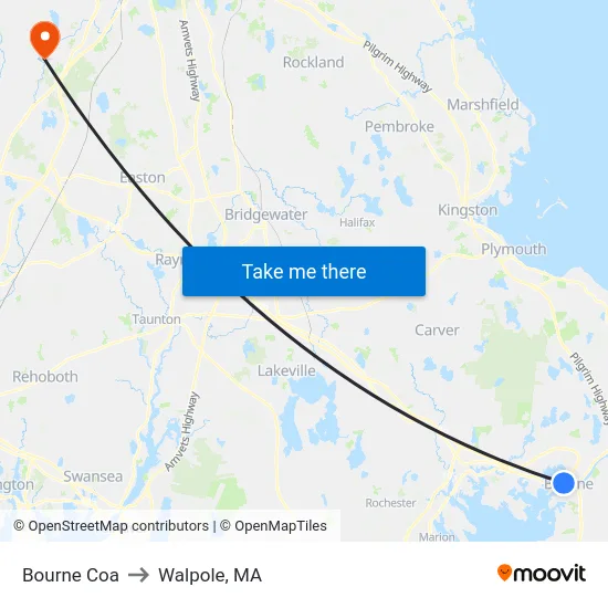 Bourne Coa to Walpole, MA map